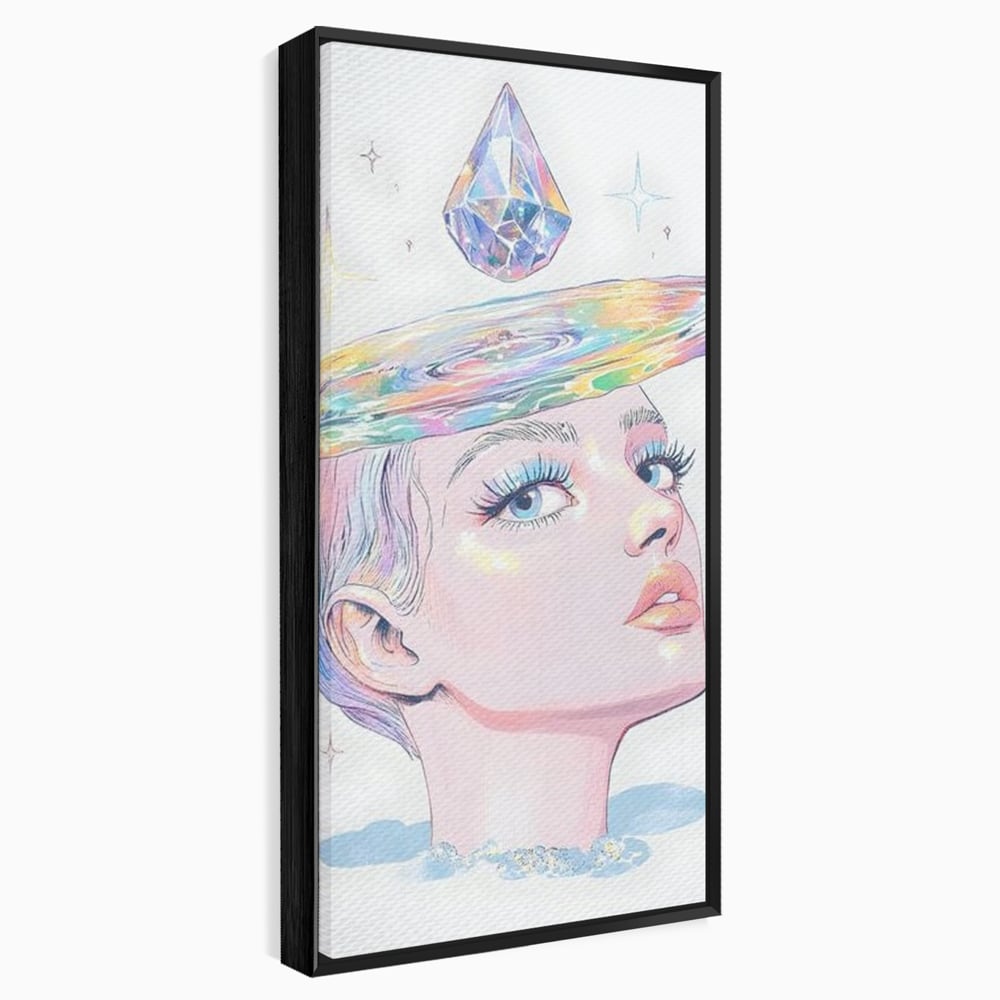 Tablou canvas cu ilustratie cu portret de femeie si galaxie, in rama de aluminiu negru